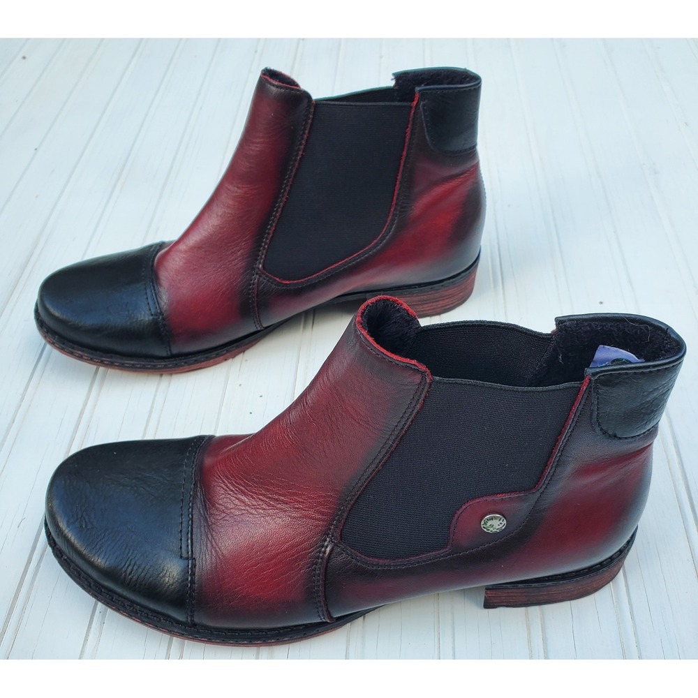 Remonte Rieker Women Red Black Leather Chelsea Boots Ankle Cap Toe Size 9 or 40